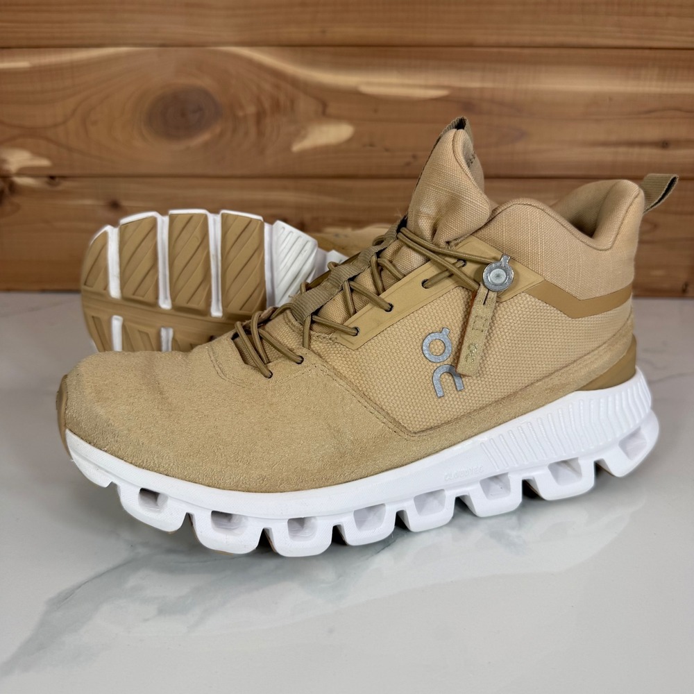 On Running Cloud Hi Tan Sand Sneakers Womens 6.5 Mid Top Trail Tracking Shoes